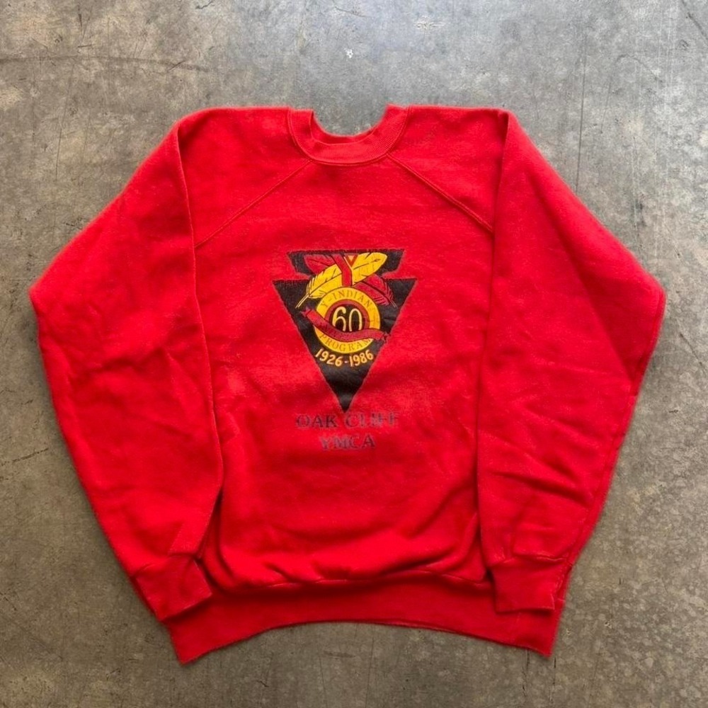 Vtg 80's Raglan Cut Gusset Crew Oak Cliff YMCA Y-Indian Program Native‎ American